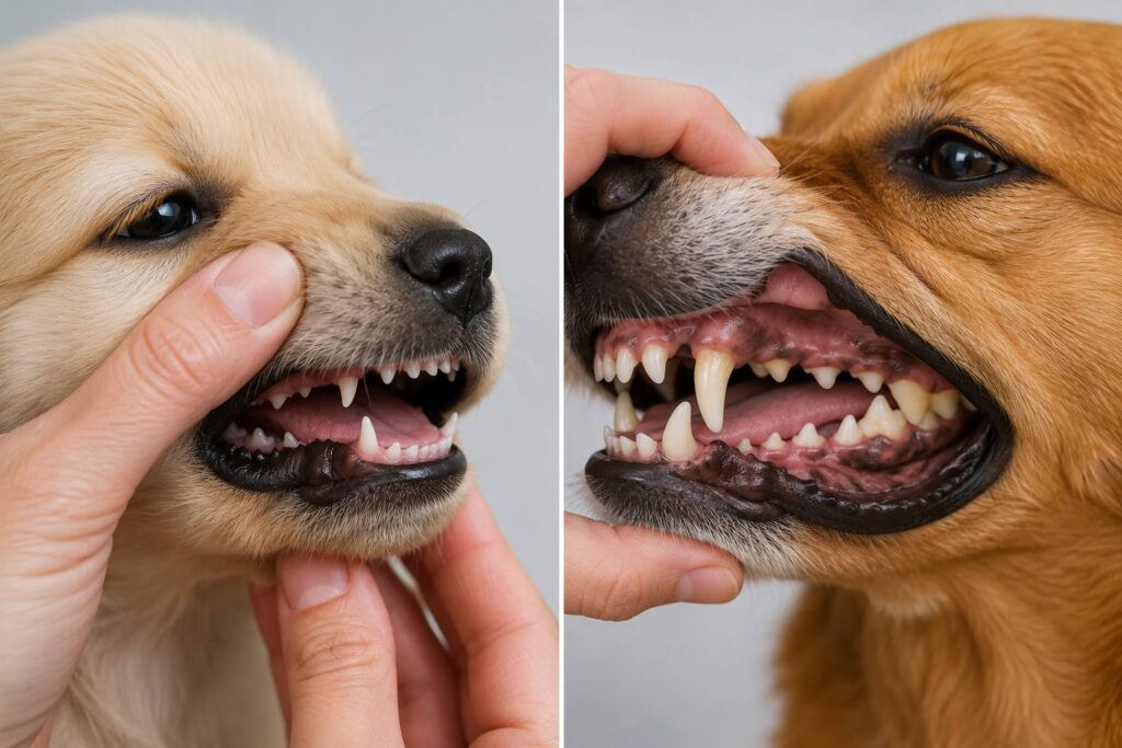 How many teeth do dogs have comparison showing a puppy's baby teeth and an adult dog's permanent teeth