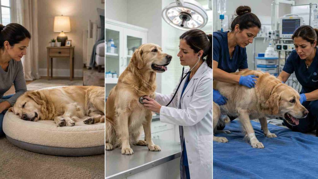 Dog snoring comfortably at home, receiving a veterinary checkup, and showing respiratory distress requiring emergency care.