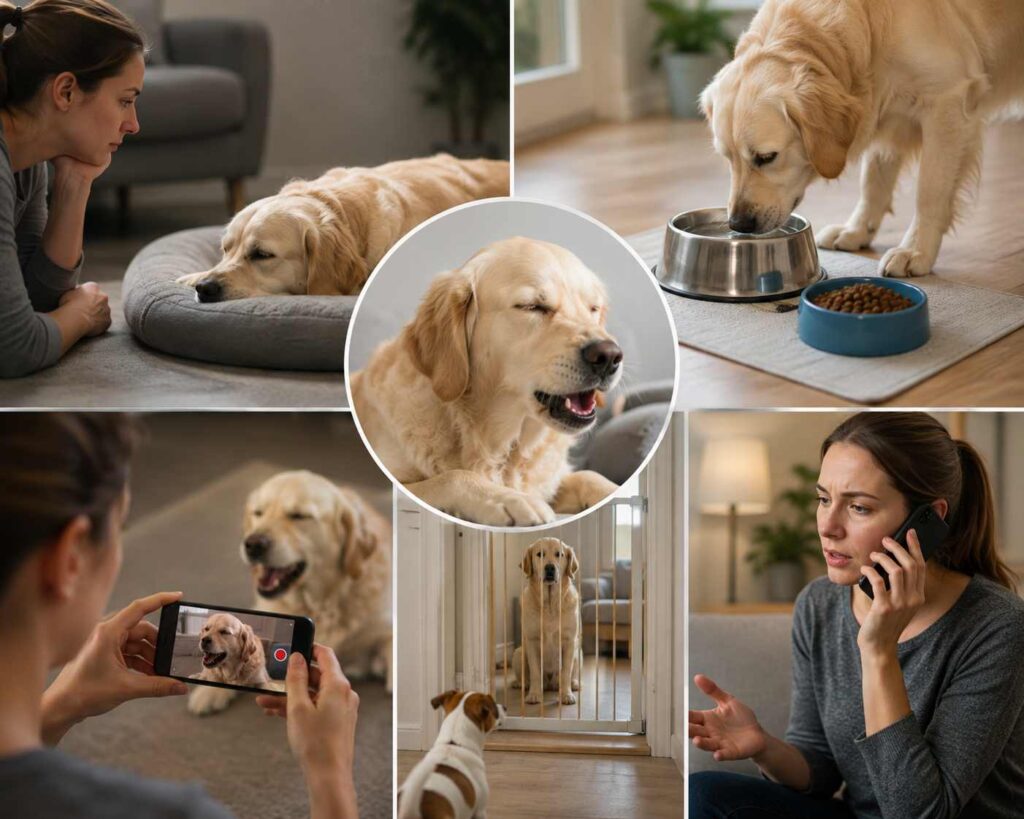 Owner checking a coughing dog's breathing, hydration and symptoms before calling a veterinarian