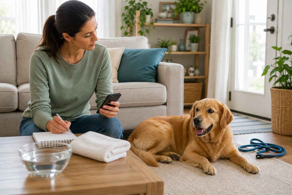 Owner monitoring a comfortable dog at home after a mild episode of scooting