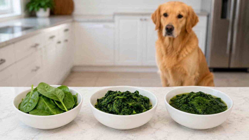 Raw, steamed, and boiled plain spinach prepared in separate bowls for comparison