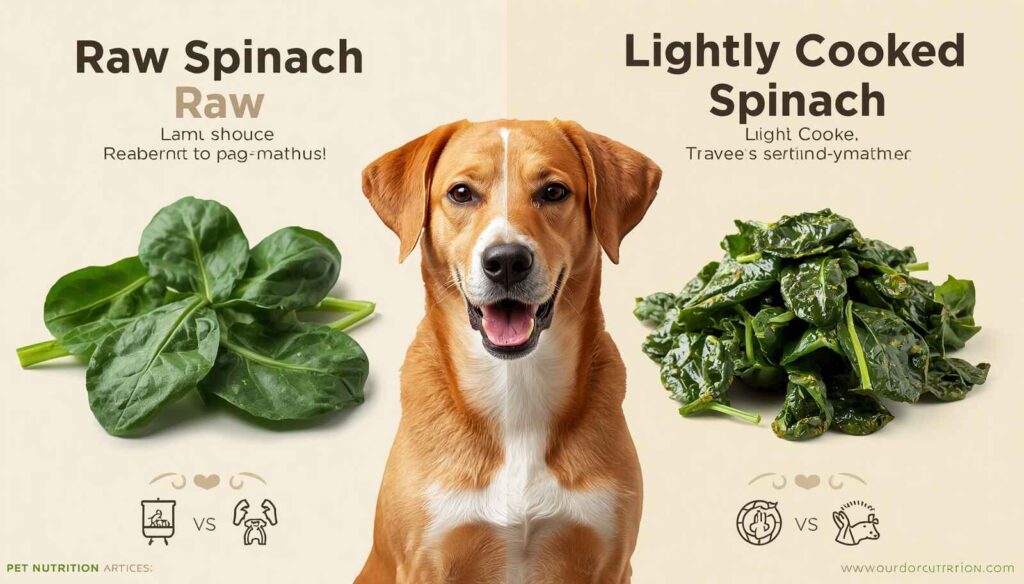 Side-by-side comparison of raw spinach and cooked spinach prepared for dogs
