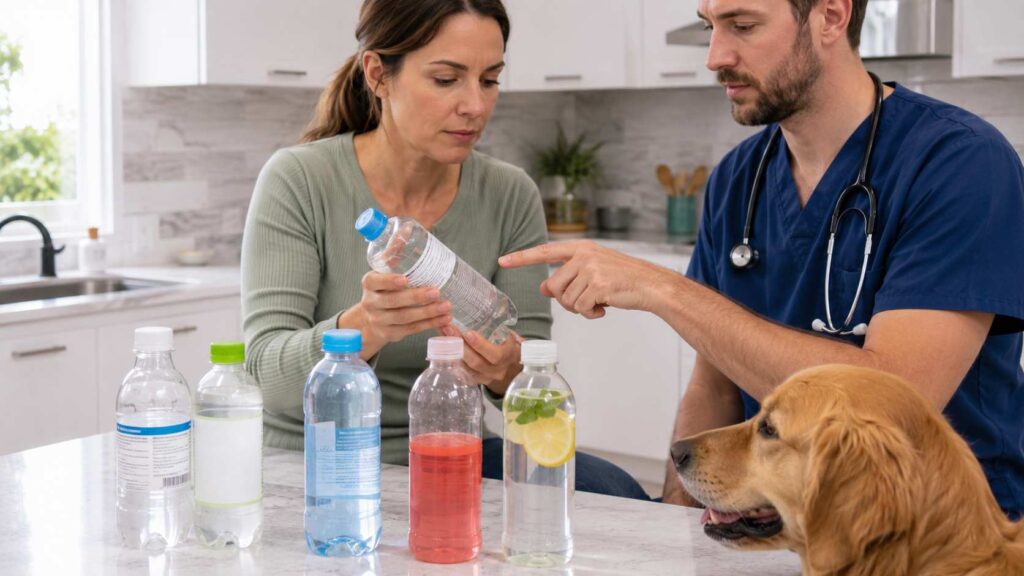 Can dogs drink alkaline water safely? Dog owner reading the ingredient label on an alkaline water bottle before giving it to their pet