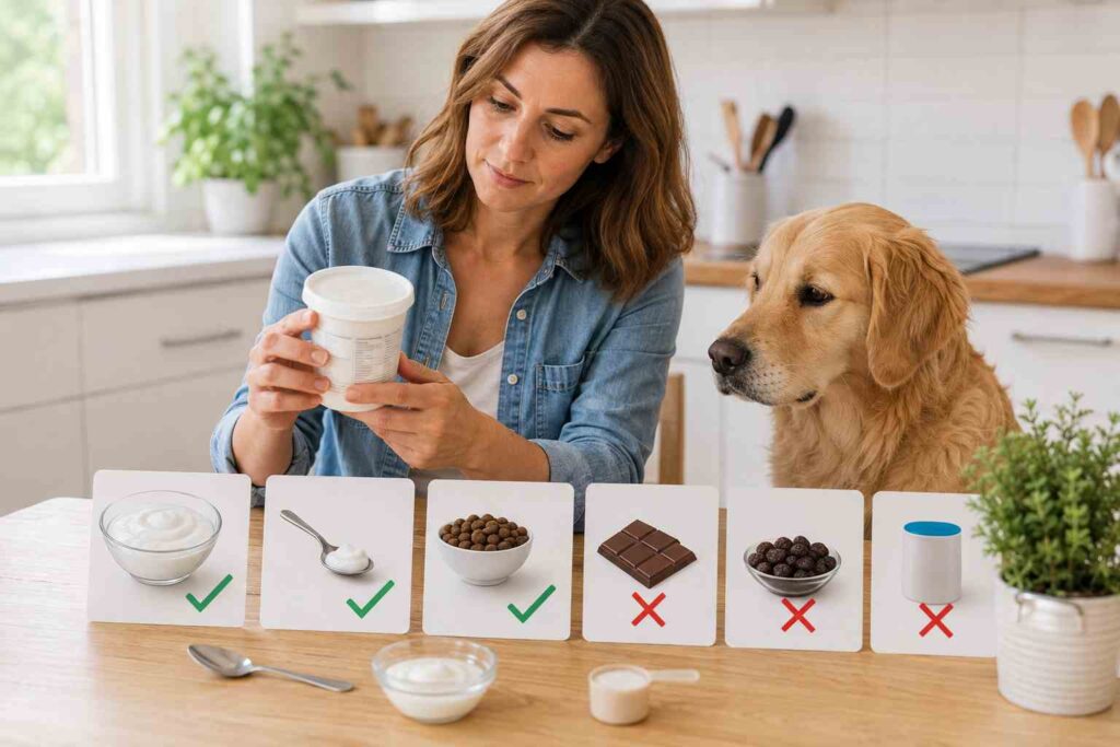 Dog owner checking a yogurt ingredient list before offering it to their dog