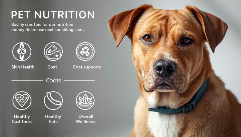 Healthy dog with a shiny coat and infographic icons showing skin coat and wellness benefits of avocado oil
