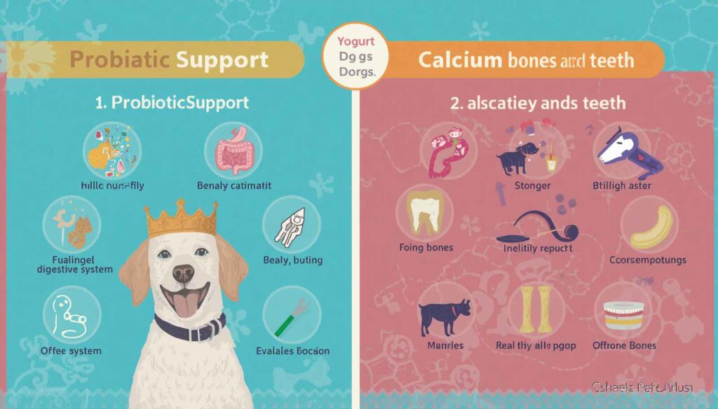 Educational infographic showing probiotic support and calcium benefits of yogurt for dogs