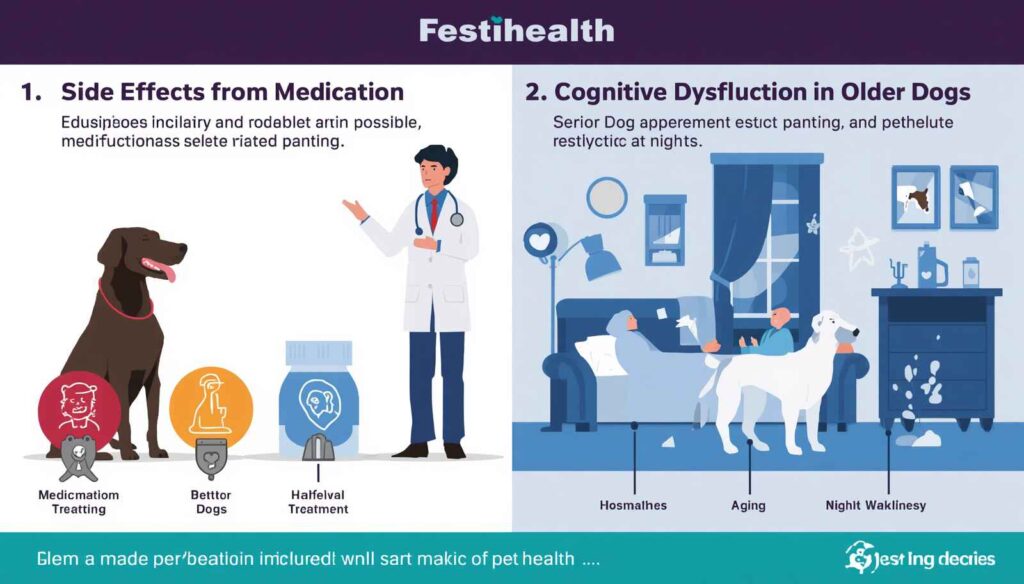 Veterinary infographic showing medication side effects and cognitive dysfunction as causes of nighttime panting in dogs
