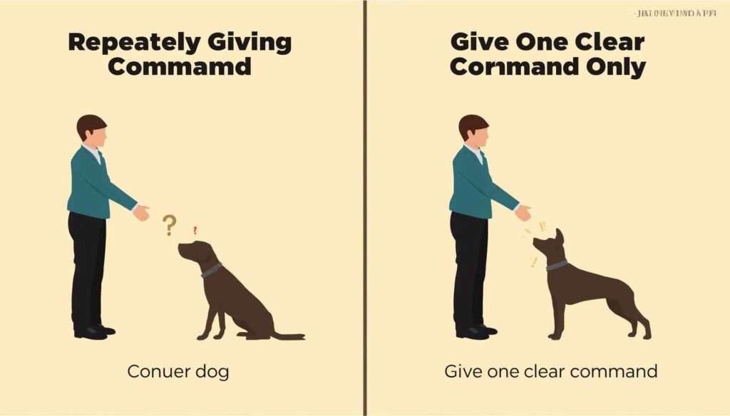 Comparison showing repeated dog commands versus a single clear command with positive reinforcement