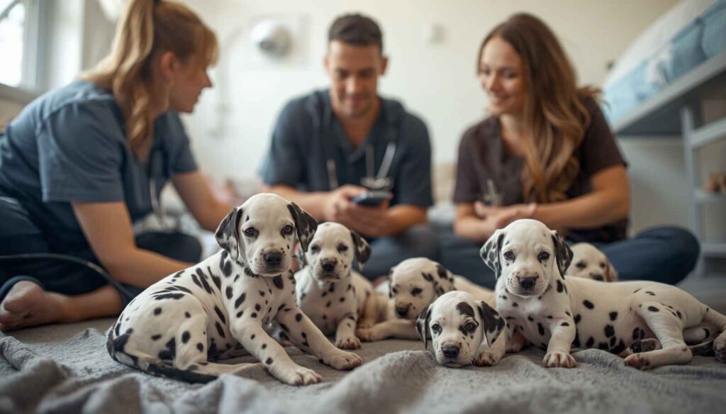 Responsible breeder caring for healthy Dalmatian puppies in a clean environment