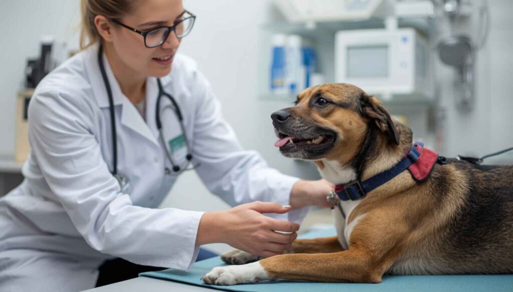 Veterinarian discussing safe pain relief options for a dog in a clinic