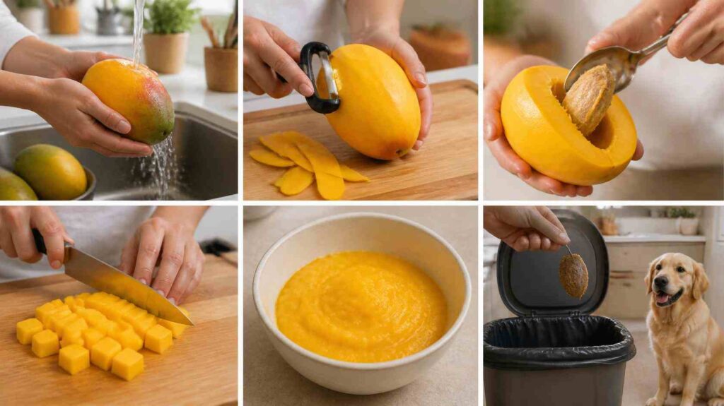 Fresh mango being washed, peeled, cut into bite-sized pieces, and safely prepared for a dog.