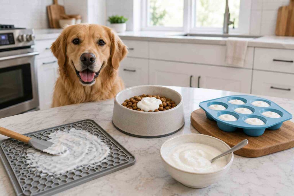 Plain yogurt served in small amounts on a lick mat, as a topper, and in frozen portions
