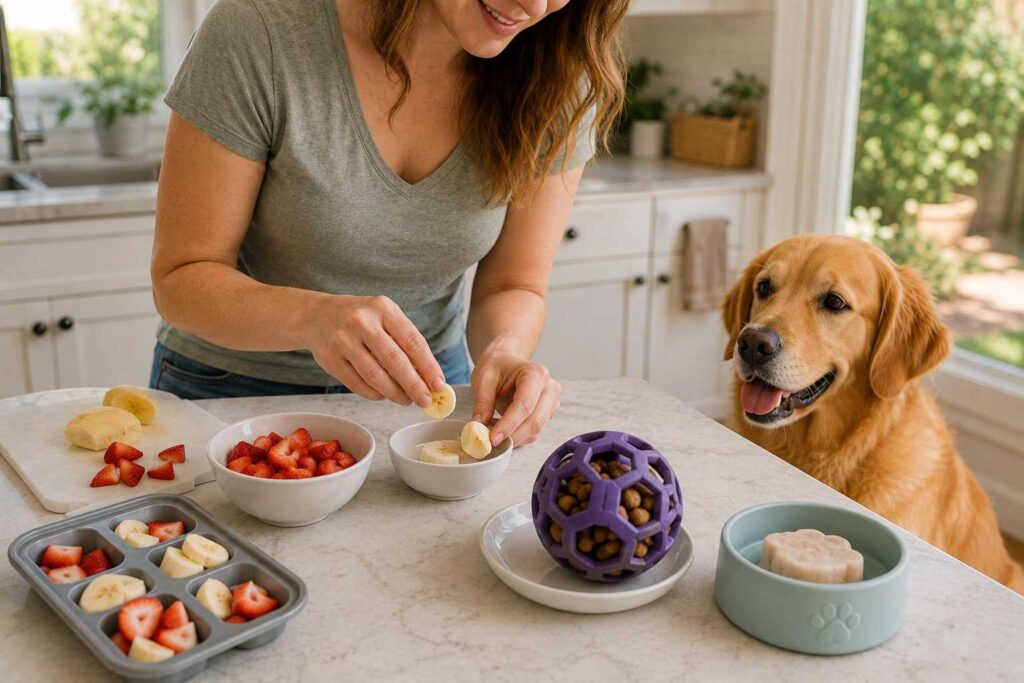 Dog owner preparing small frozen banana and strawberry pieces with a frozen food-filled enrichment toy for their dog.