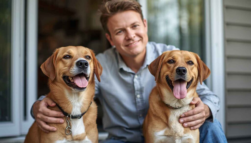Dog owner sitting with two happy dogs while considering adding a second dog to the family