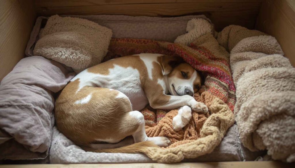 Pregnant dog preparing a nesting area before giving birth
