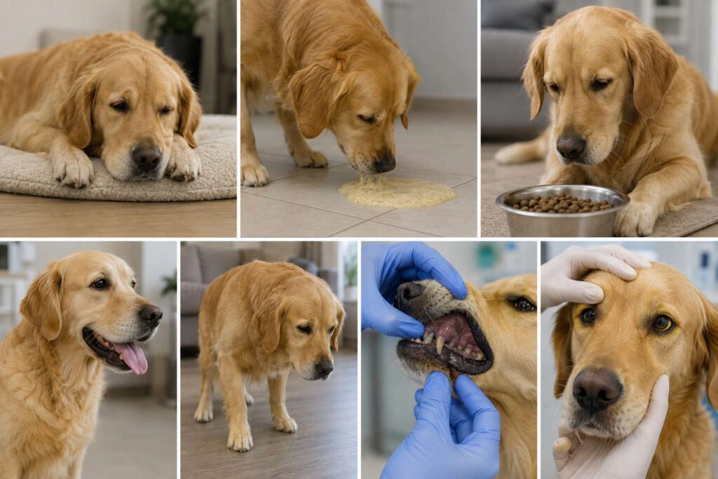 Veterinary collage showing possible signs of paracetamol exposure including weakness, vomiting, abnormal gums and jaundice