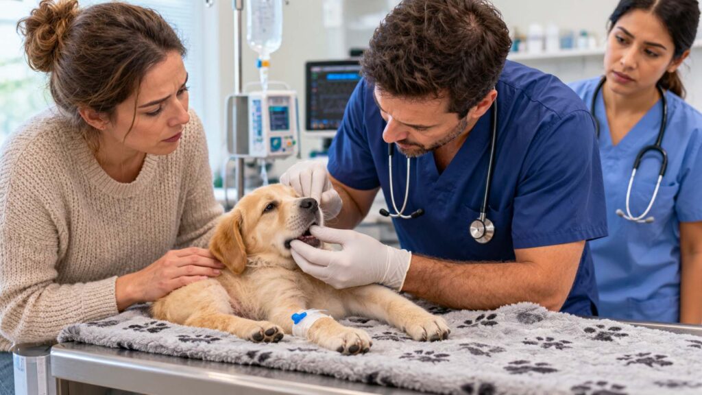 Veterinarian checking a weak puppy's gums during an emergency examination at an animal clinic.