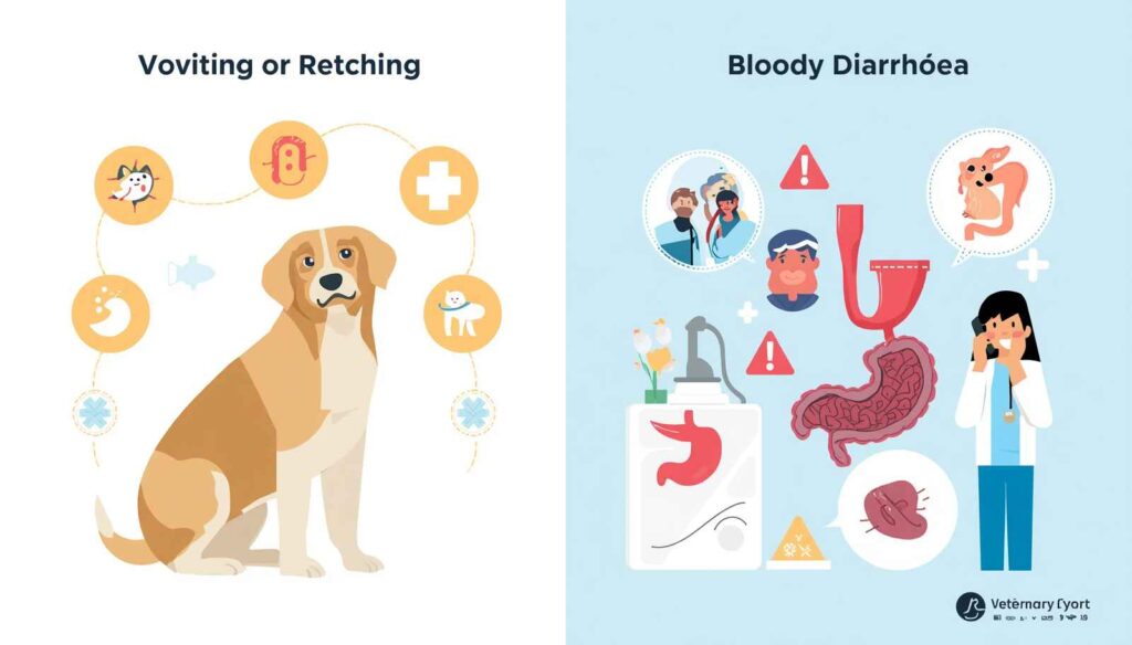 Veterinary infographic showing vomiting retching and bloody diarrhoea as warning signs in dogs