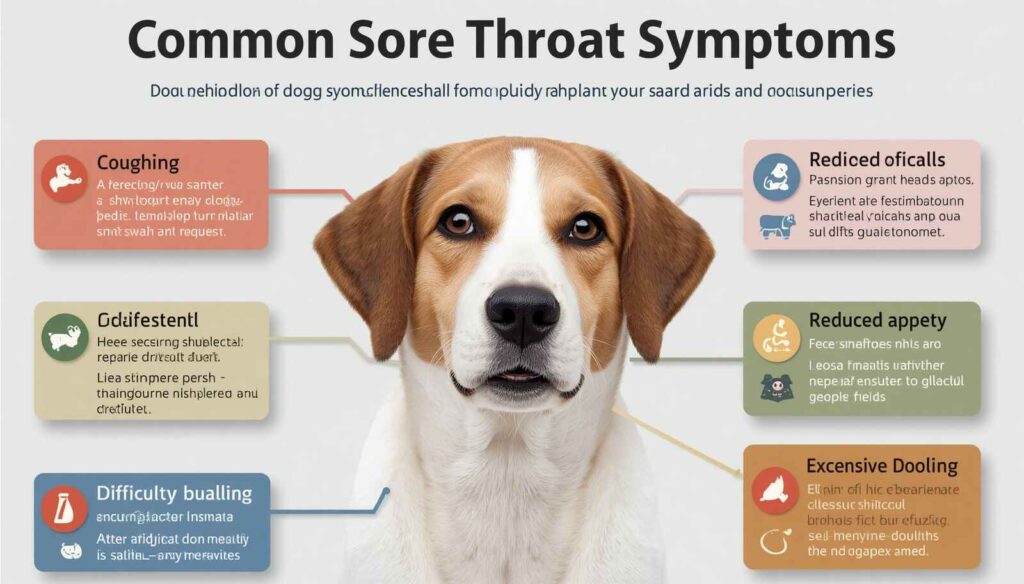 Educational infographic showing coughing drooling difficulty swallowing and reduced appetite in a dog