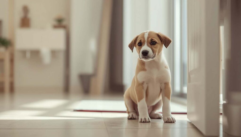 Fully potty trained puppy waiting by the door to go outside