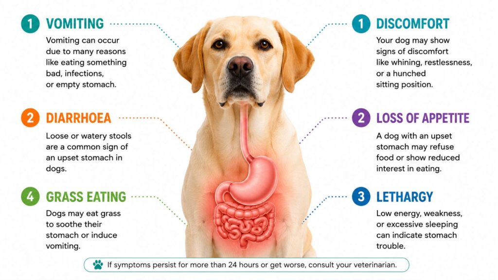 Educational infographic showing common symptoms of an upset stomach in dogs