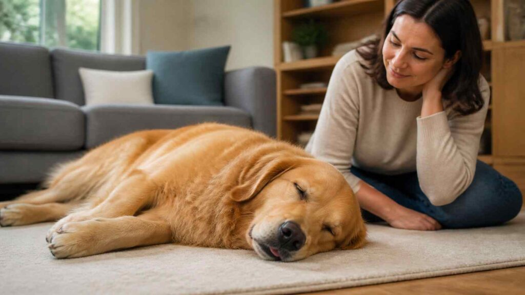 Healthy Golden Retriever sleeping peacefully with the tip of its tongue slightly visible while breathing comfortably in a relaxed home environment.