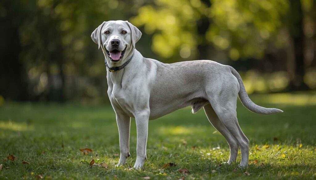 Silver Labrador Retriever standing outdoors with a distinctive silver-gray coat