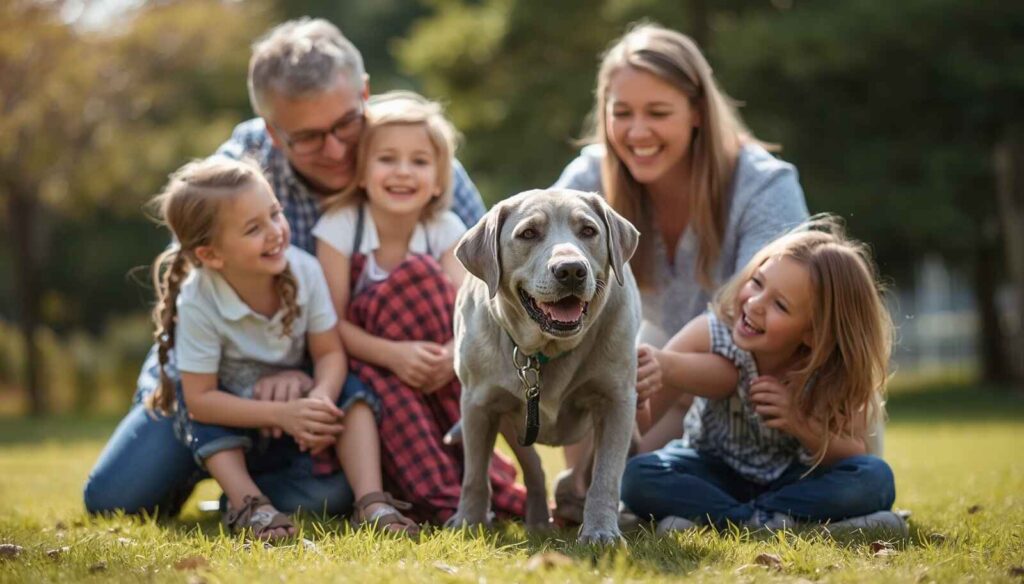 Friendly Silver Labrador playing with family members outdoors