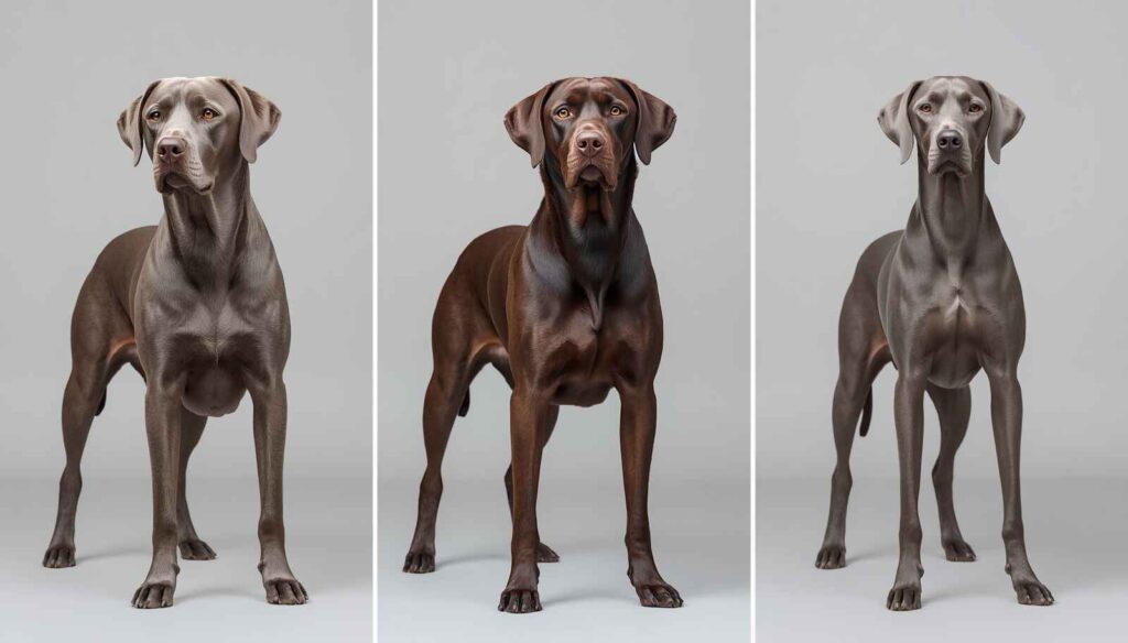 Silver Labrador, Chocolate Labrador and Weimaraner standing side by side for breed comparison