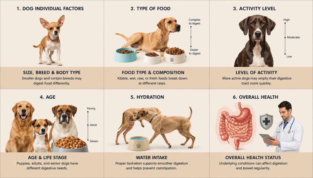 Educational infographic showing breed size food type age activity hydration and health affecting digestion