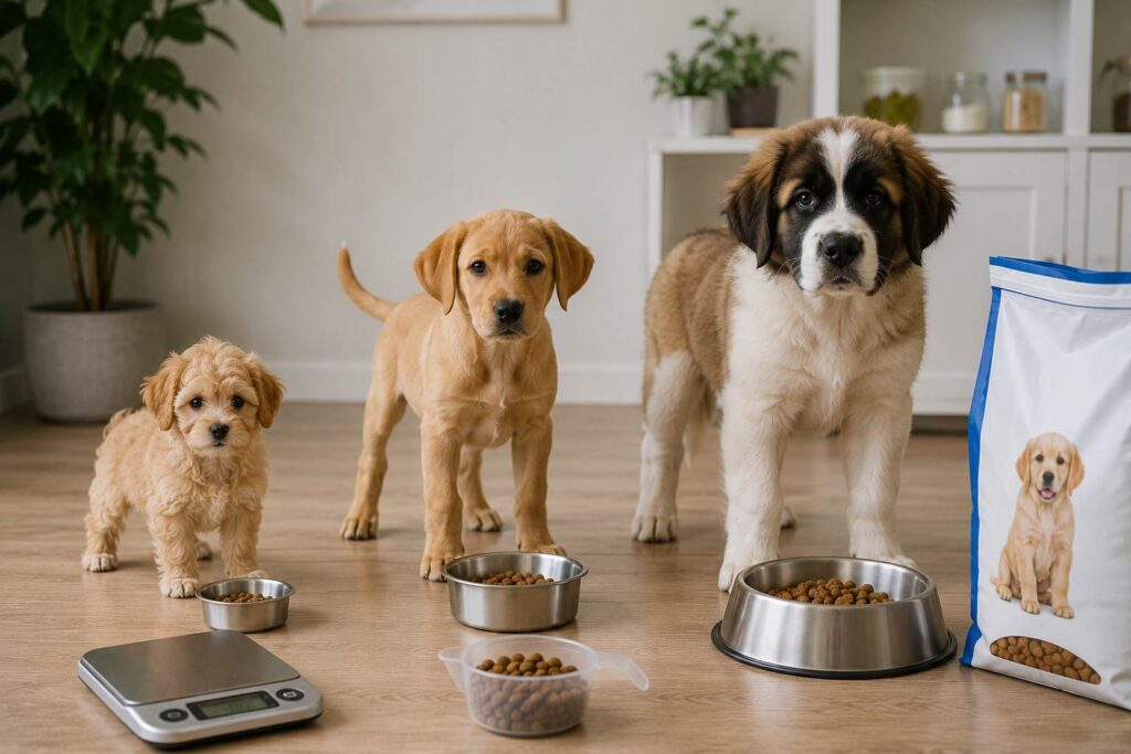 Small, medium, and large puppies beside individual food bowls showing different feeding needs
