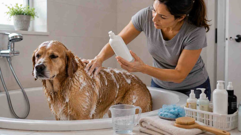 Dog owner making common bath-time mistakes, including using too much shampoo and leaving soap residue on the dog's coat.