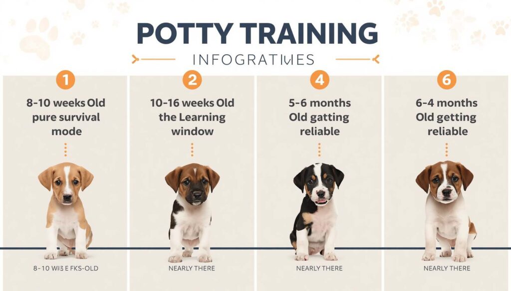 Puppy potty training timeline showing development from 8 weeks to 12 months of age