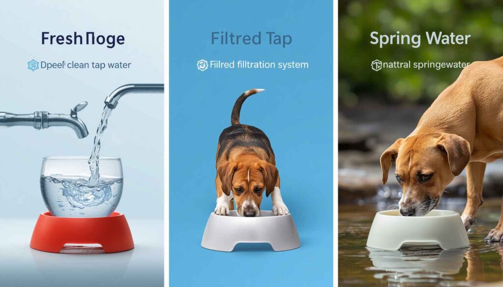 Infographic showing clean tap water filtered water and spring water as hydration options for dogs