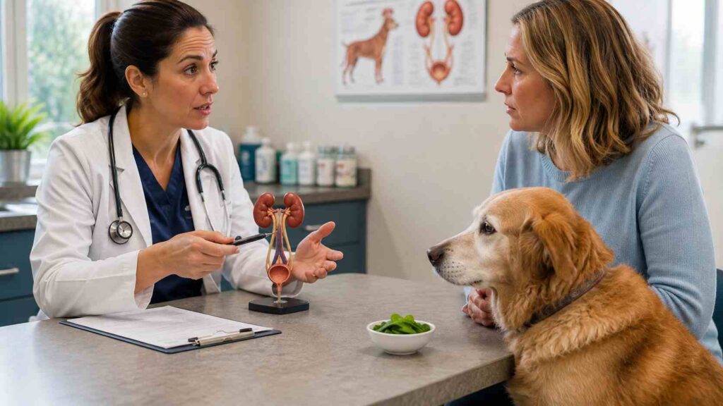 Veterinarian discussing spinach with the owner of a senior dog