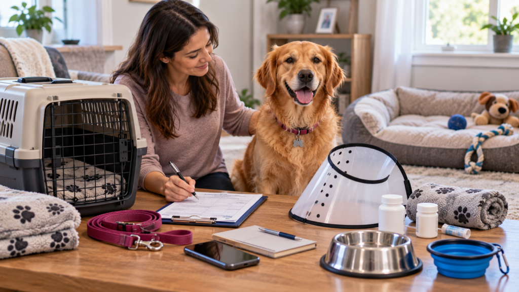 Dog owner preparing a recovery bed, protective collar and supplies for a female dog's spay appointment