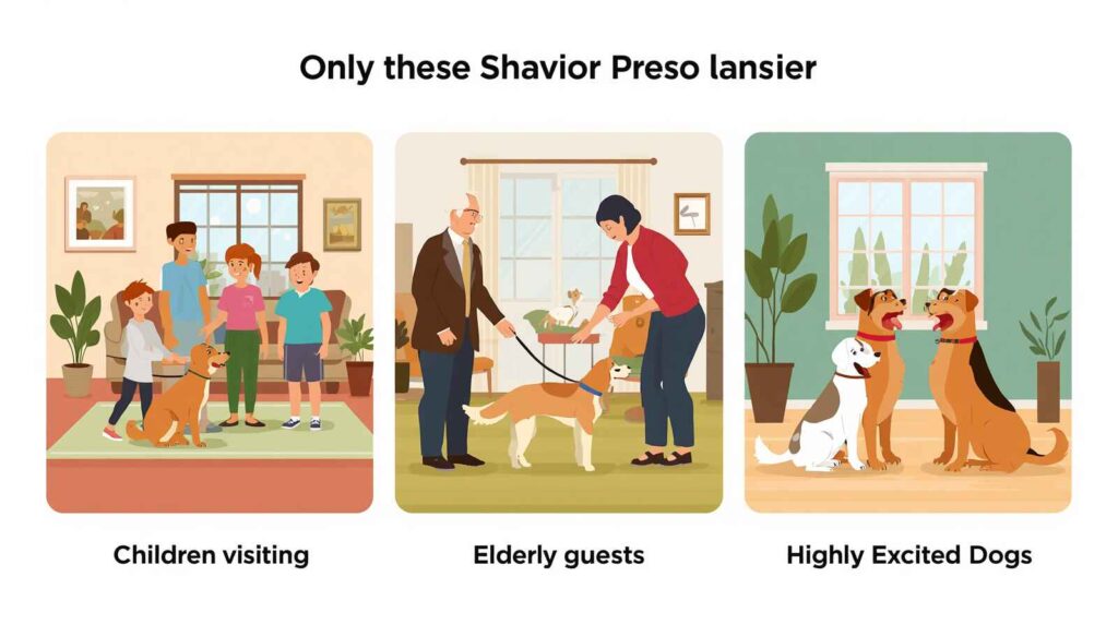 Dog greeting children elderly visitors and guests in different household situations