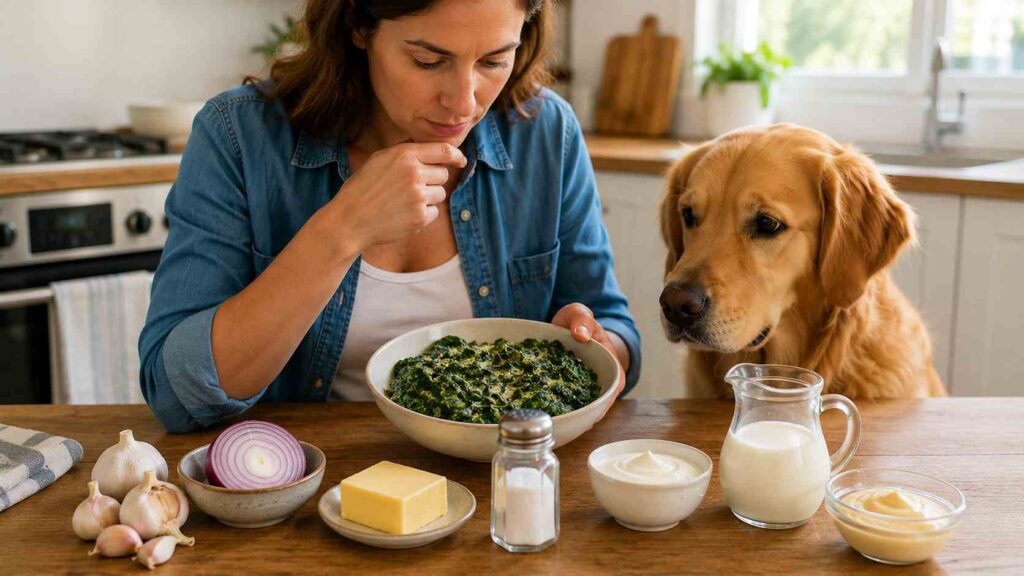 Dog near a spinach dish with garlic, onion, butter, salt, and cream