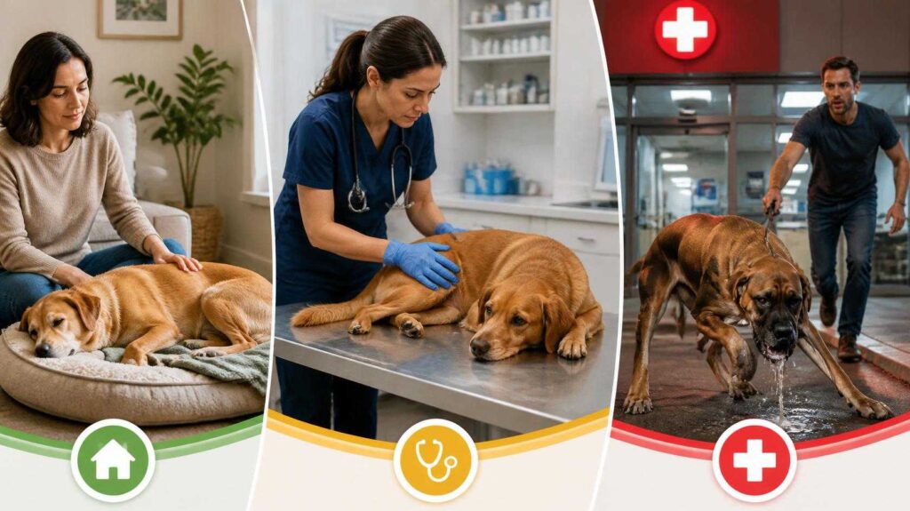 Upset Stomach in Dogs: comparison showing a mild case, a dog needing a vet examination, and a dog requiring emergency veterinary care.