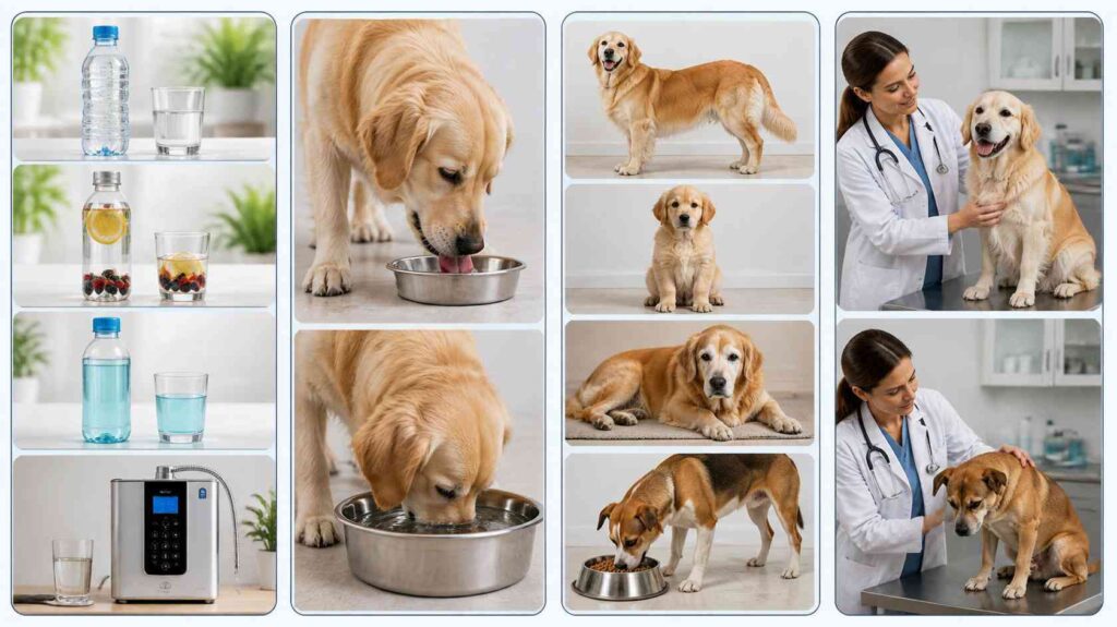 Veterinary infographic showing four factors to assess before giving alkaline water to a dog