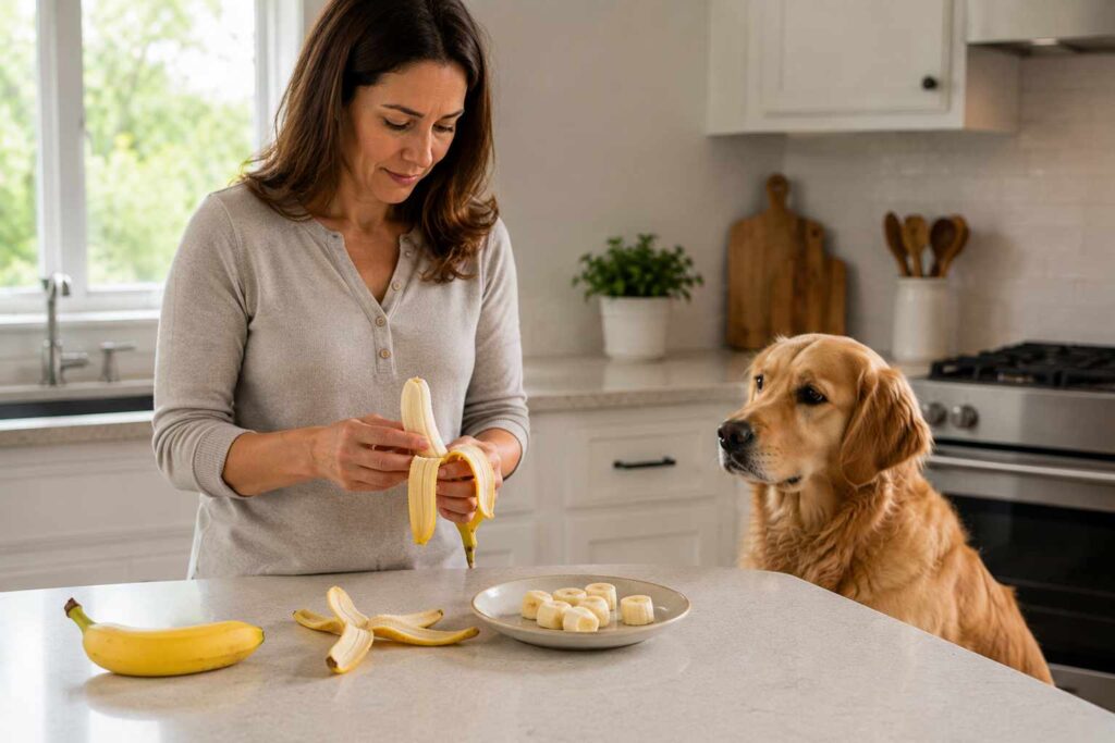 Dog owner preparing small peeled banana pieces before offering them to a dog