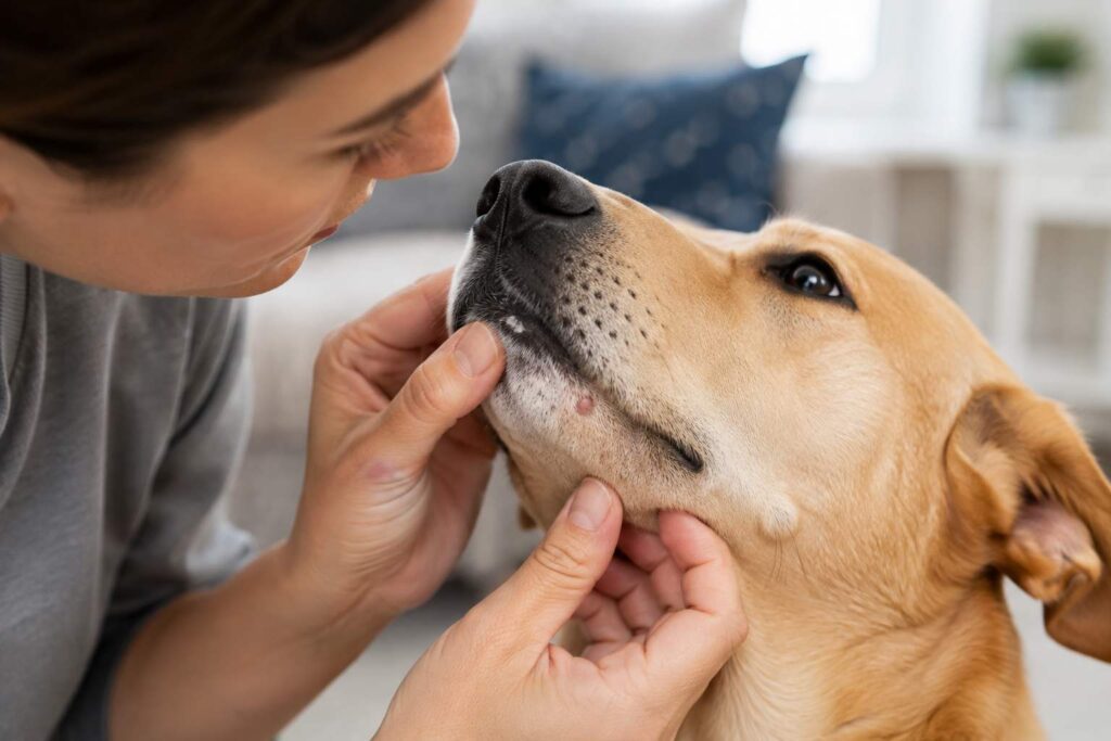 Owner gently examining a small raised bump on a dog’s chin before attempting any treatment.
