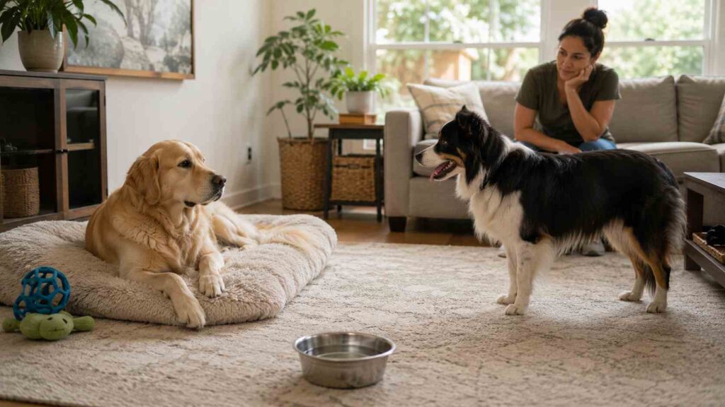 Resident dog relaxing comfortably while another dog shares the same home at a respectful distance.