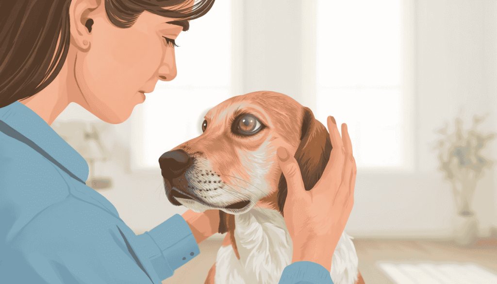 Dog owner checking cloudy eyes for sudden onset, one or both eyes affected, and signs of eye pain