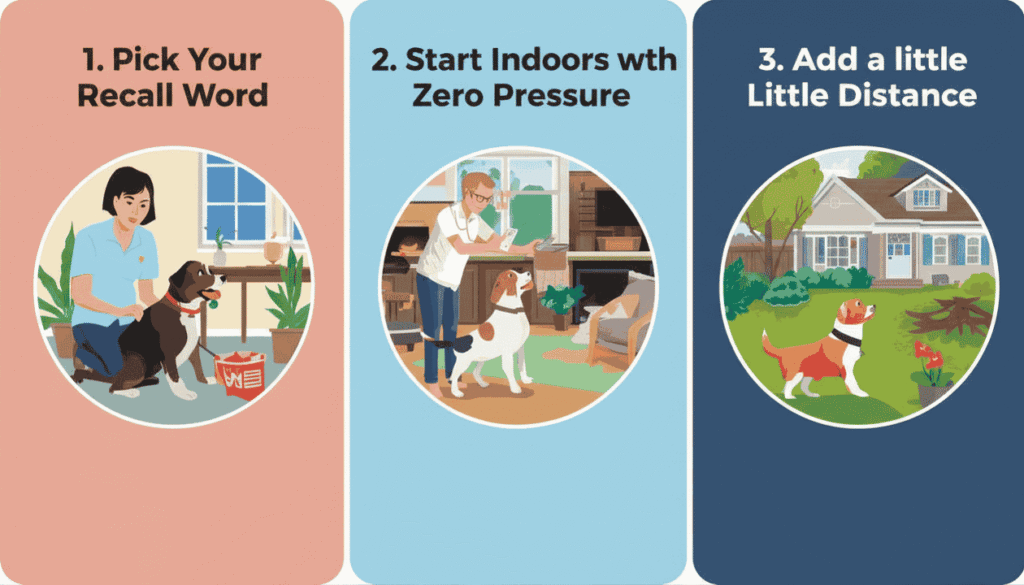 Recall training infographic showing cue word selection indoor practice and distance training
