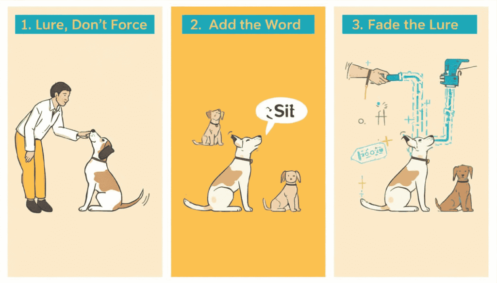 Dog training infographic showing lure training verbal sit command and gradual removal of treats