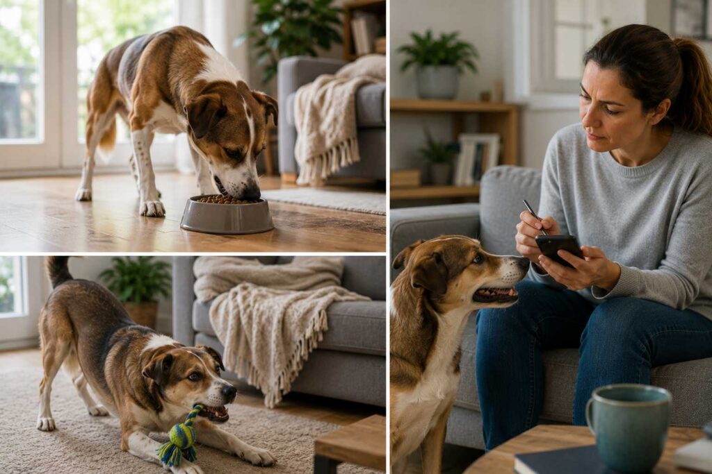 Dog eating and playing normally while its owner monitors a mild occasional cough