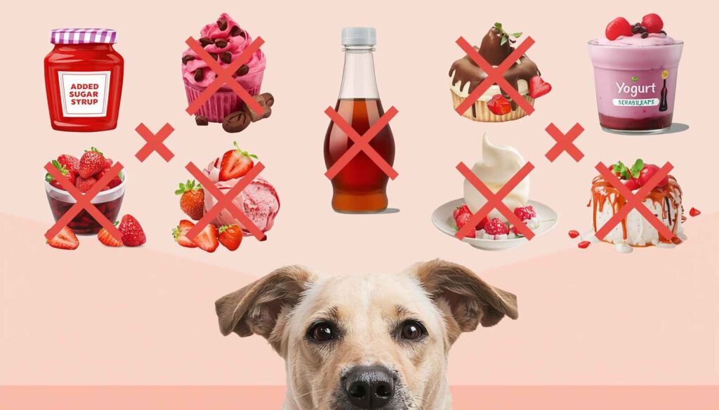 Strawberry-flavored foods including jam candy ice cream and desserts that dogs should avoid