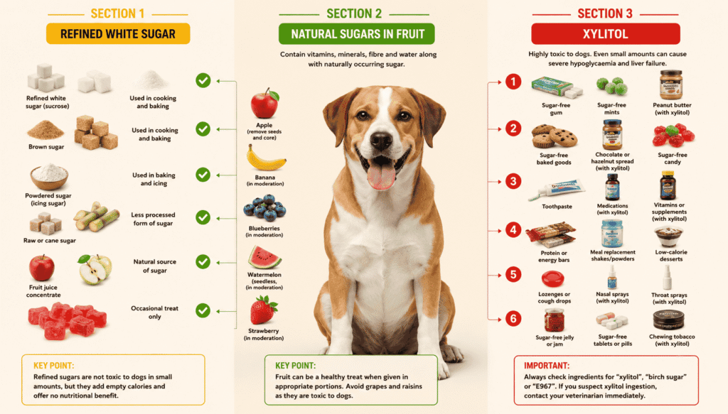 Infographic comparing refined white sugar natural fruit sugars and xylitol for dogs