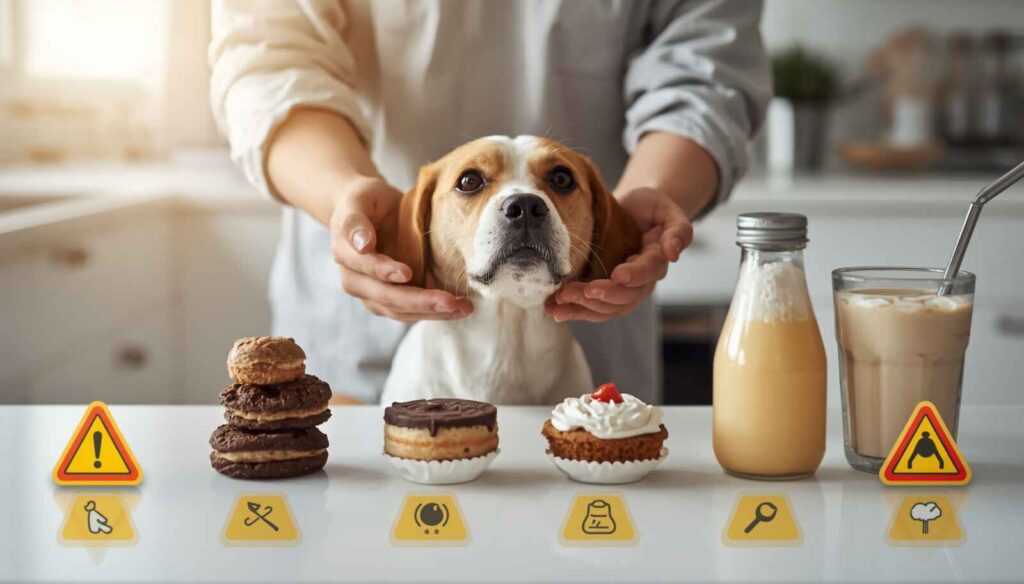 Common sugary foods including candy cake cookies ice cream and soft drinks that dogs should avoid